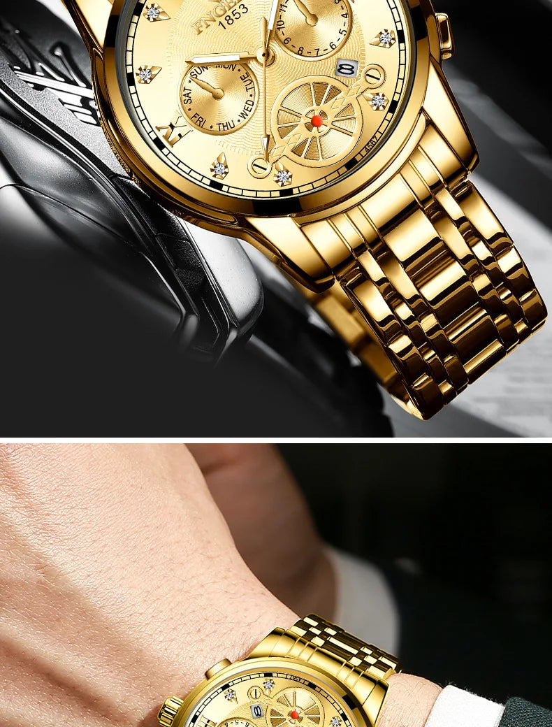 FNGEEN Men’s Luxury Quartz Watch – Waterproof Gold Steel Business