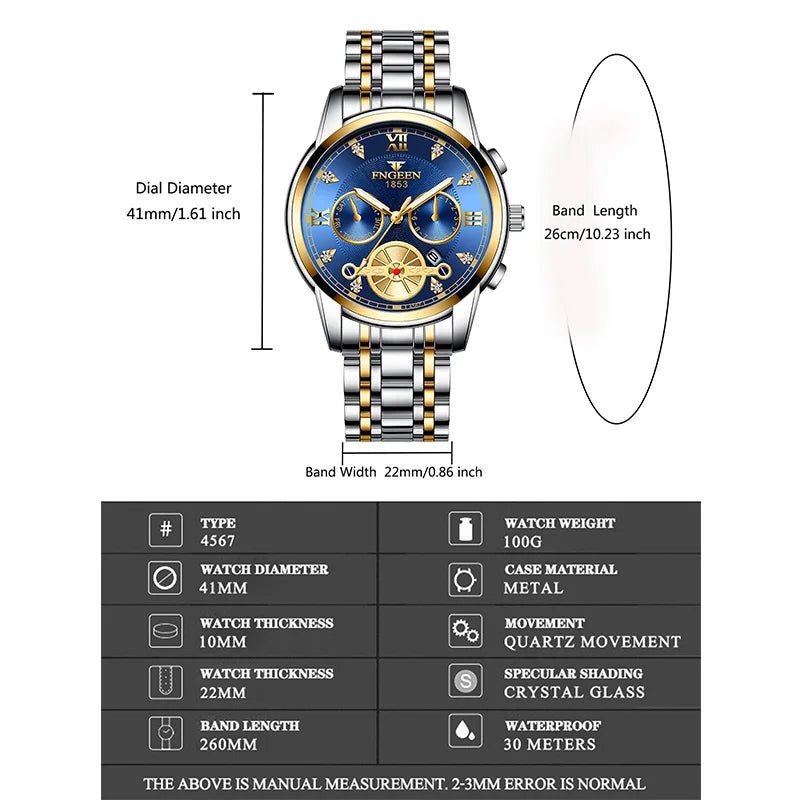 FNGEEN Men’s Luxury Quartz Watch – Waterproof Gold Steel Business