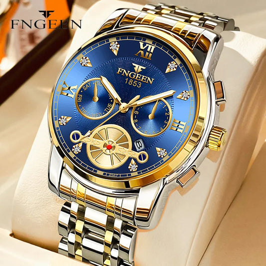 FNGEEN Men’s Luxury Quartz Watch – Waterproof Gold Steel Business