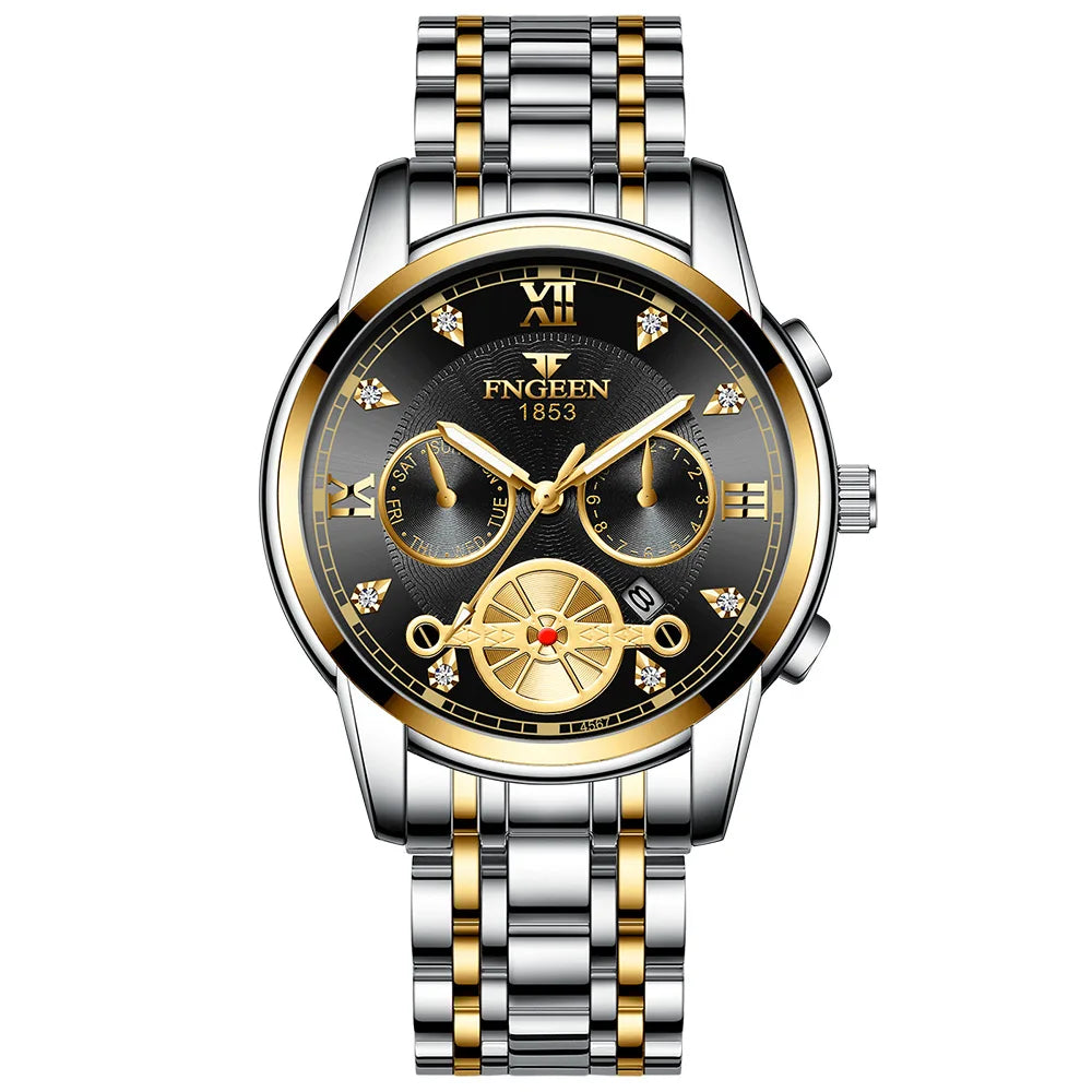 FNGEEN Men’s Luxury Quartz Watch – Waterproof Gold Steel Business