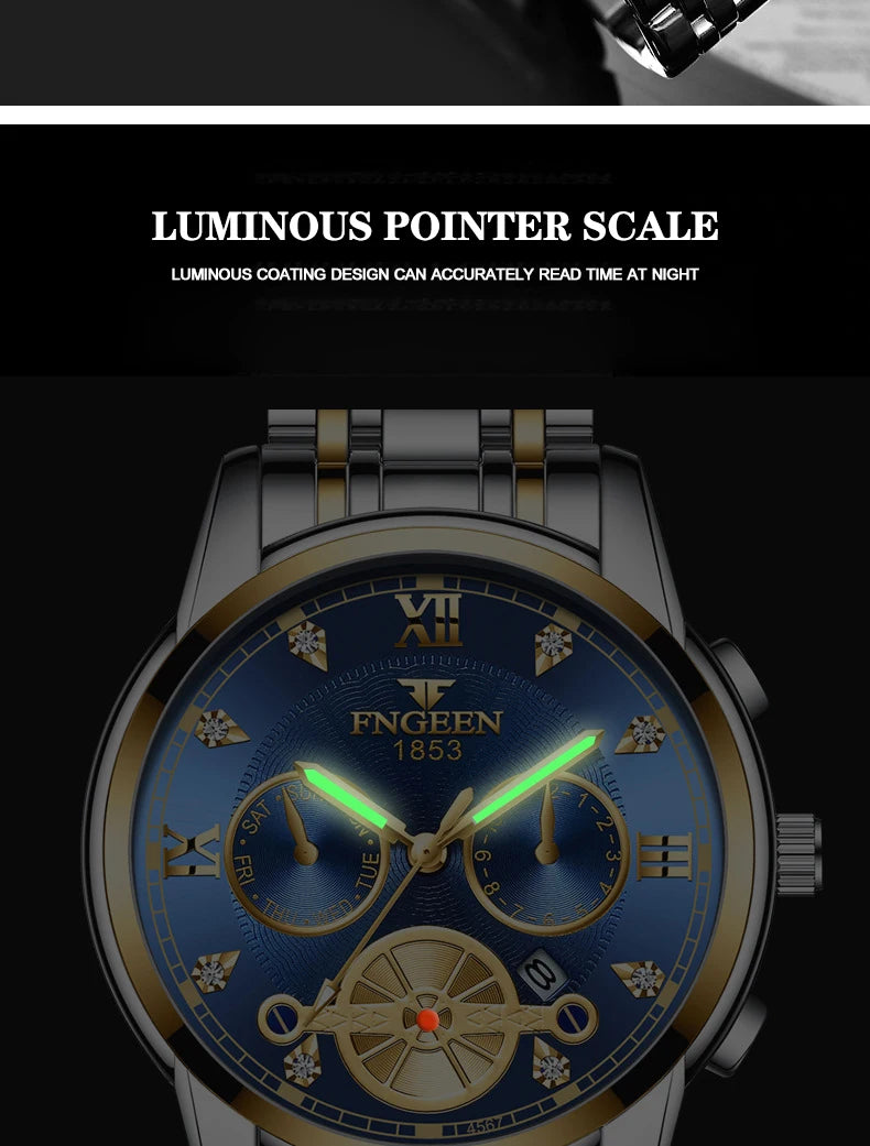 FNGEEN Men’s Luxury Quartz Watch – Waterproof Gold Steel Business