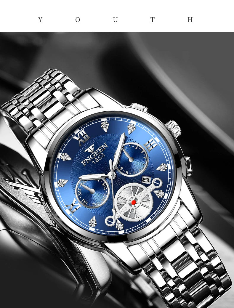 FNGEEN Men’s Luxury Quartz Watch – Waterproof Gold Steel Business