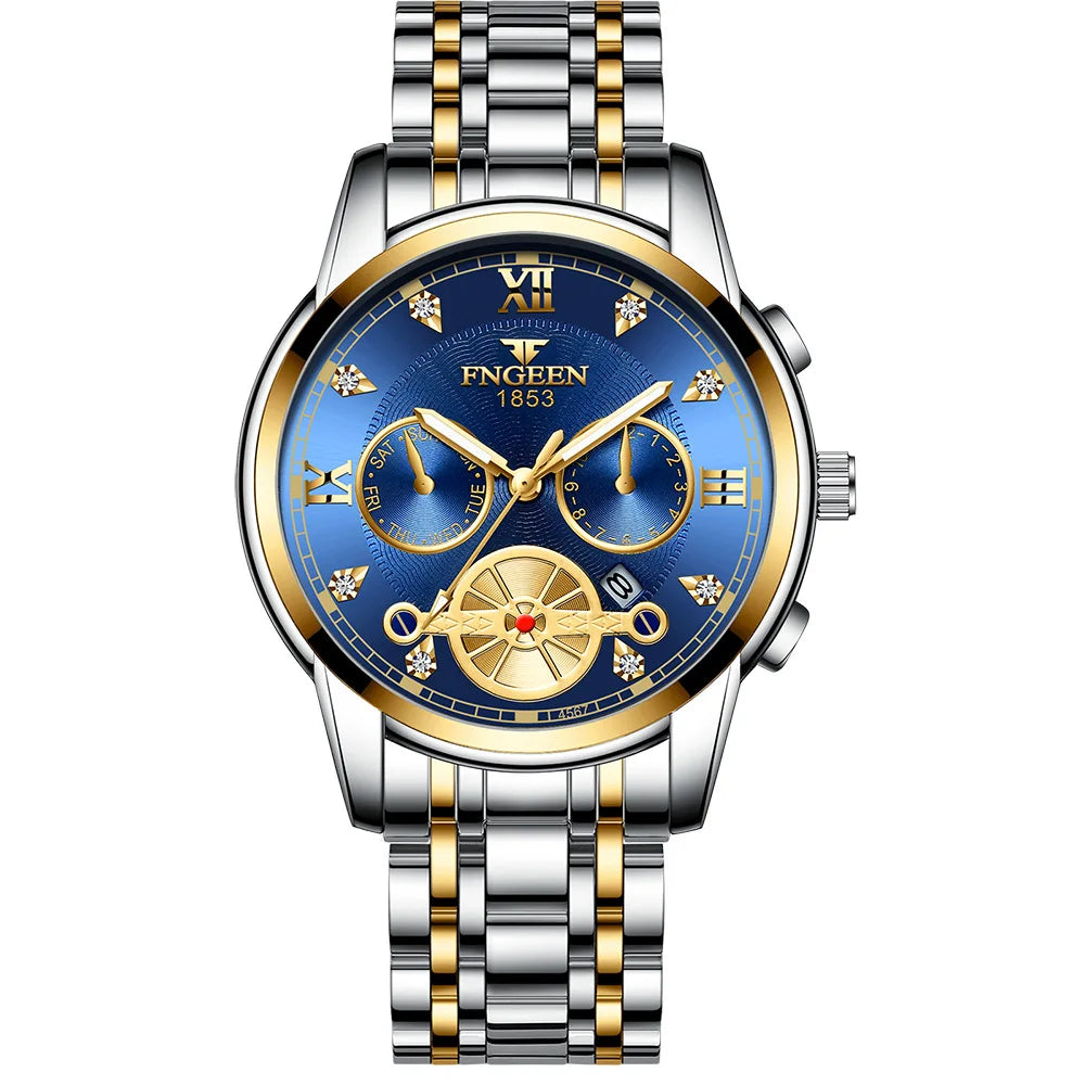 FNGEEN Men’s Luxury Quartz Watch – Waterproof Gold Steel Business