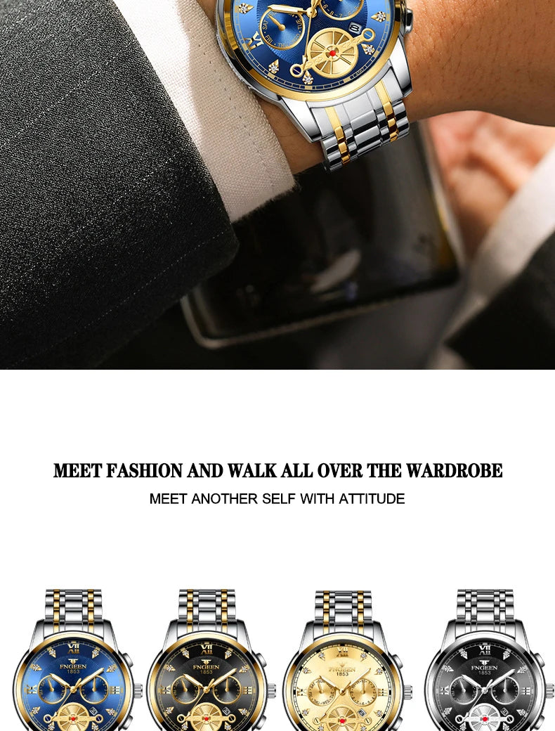 FNGEEN Men’s Luxury Quartz Watch – Waterproof Gold Steel Business