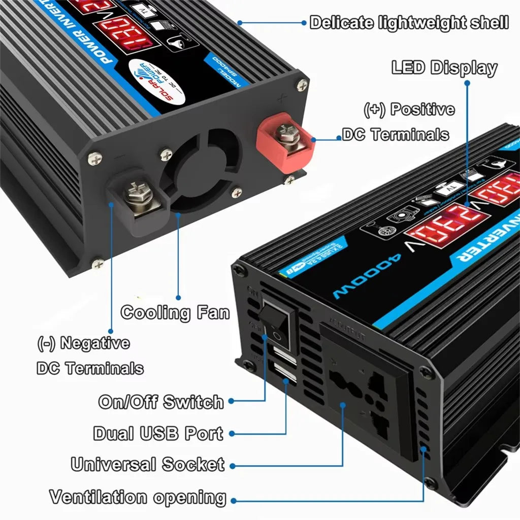 12V to 220V, Solar Charger, Dual USB, Multiple Protection