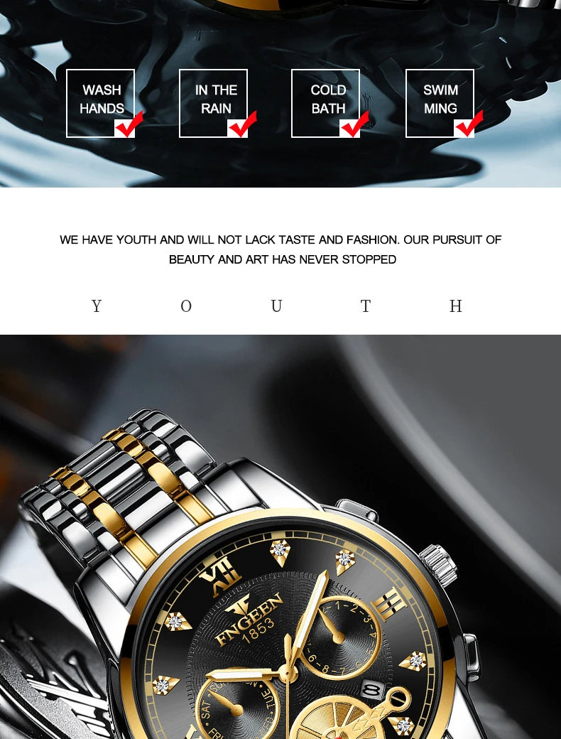 FNGEEN Men’s Luxury Quartz Watch – Waterproof Gold Steel Business