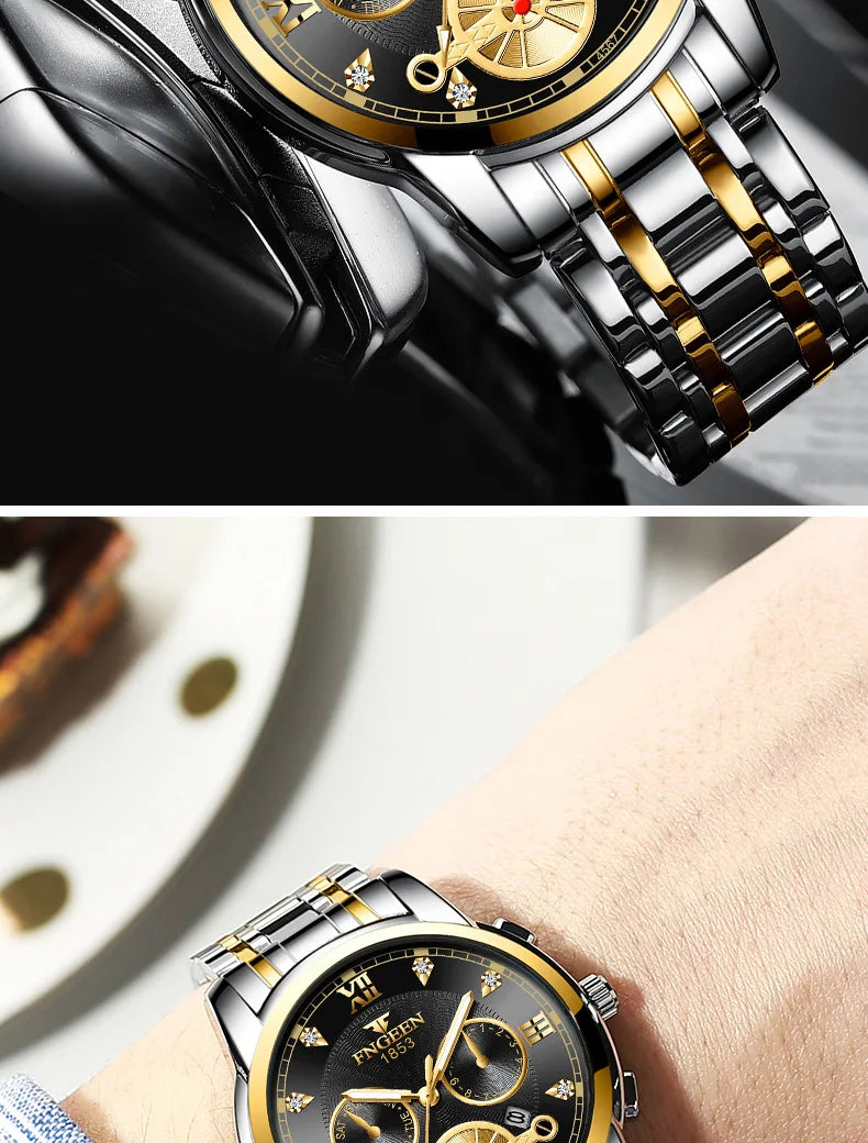 FNGEEN Men’s Luxury Quartz Watch – Waterproof Gold Steel Business