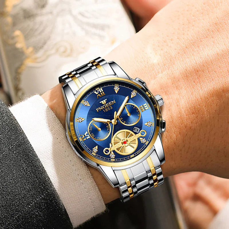 FNGEEN Men’s Luxury Quartz Watch – Waterproof Gold Steel Business