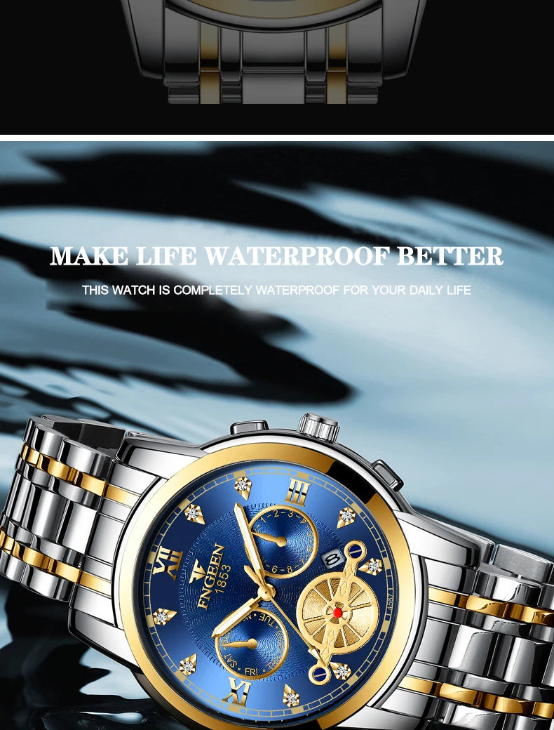 FNGEEN Men’s Luxury Quartz Watch – Waterproof Gold Steel Business