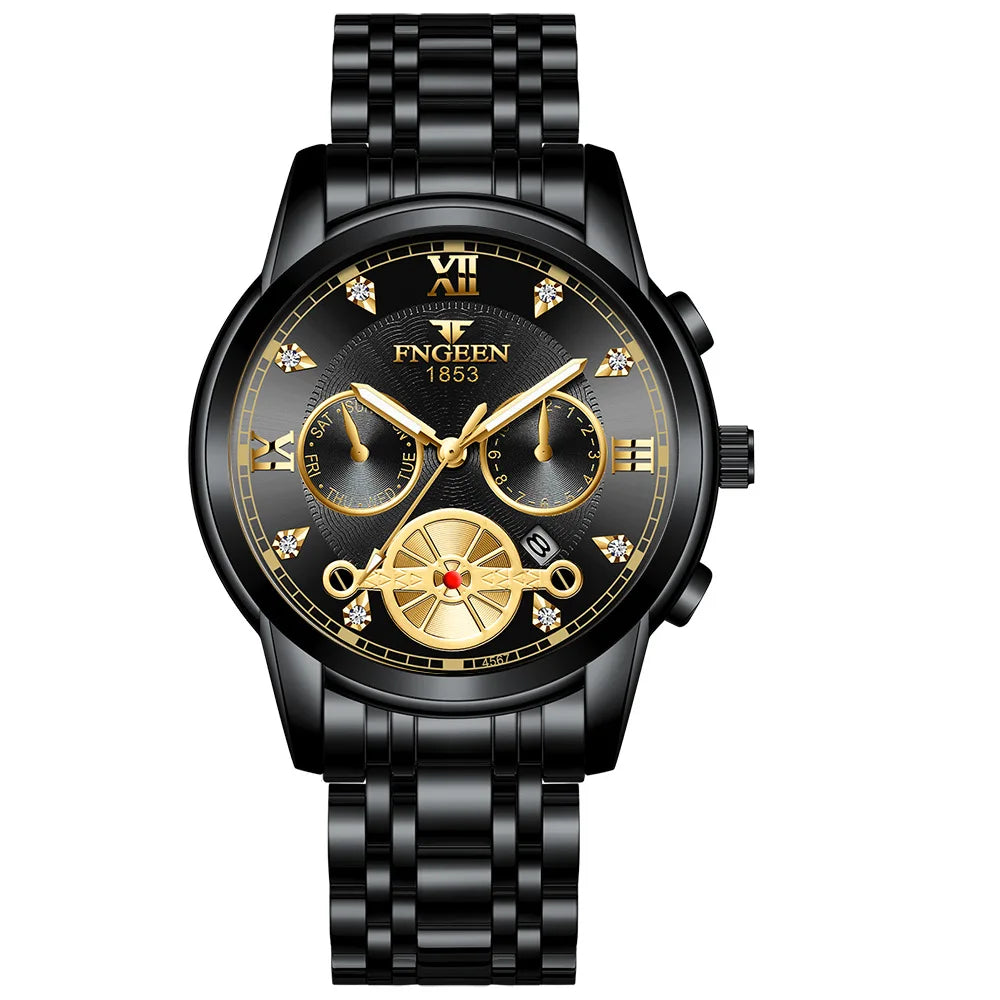 FNGEEN Men’s Luxury Quartz Watch – Waterproof Gold Steel Business