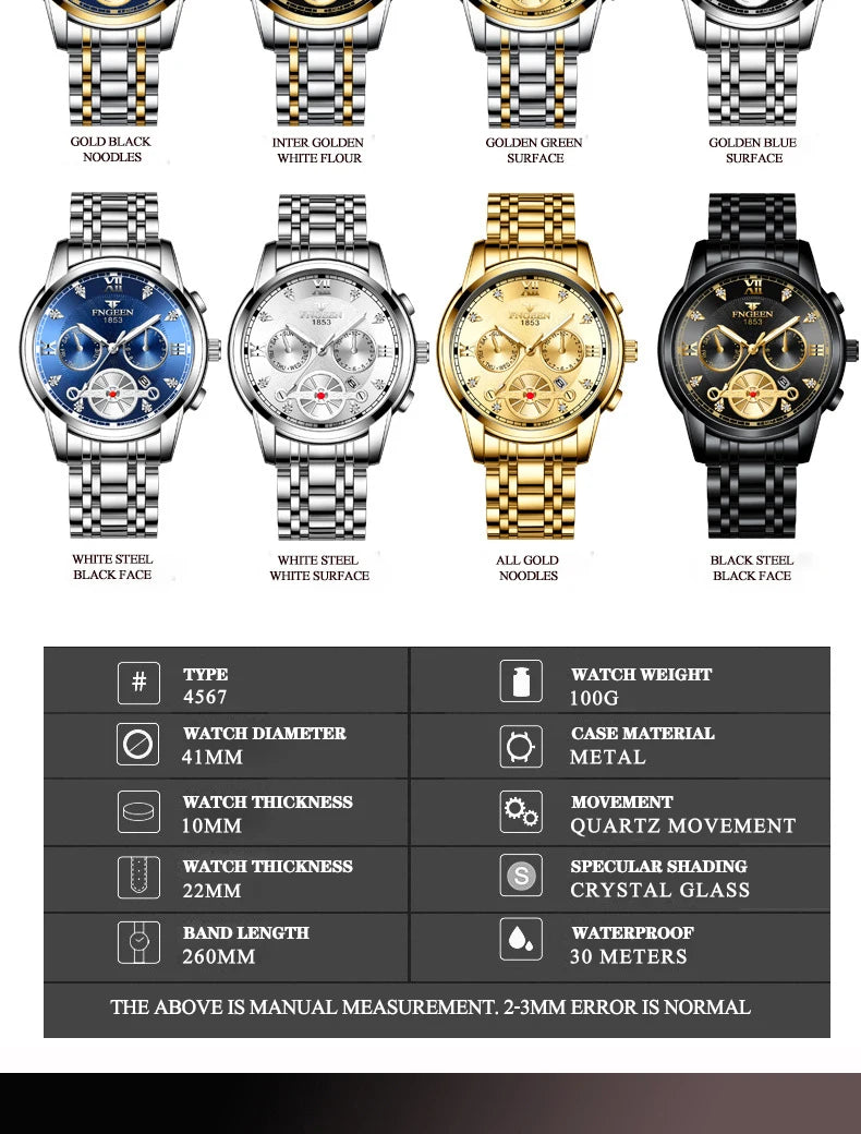 FNGEEN Men’s Luxury Quartz Watch – Waterproof Gold Steel Business