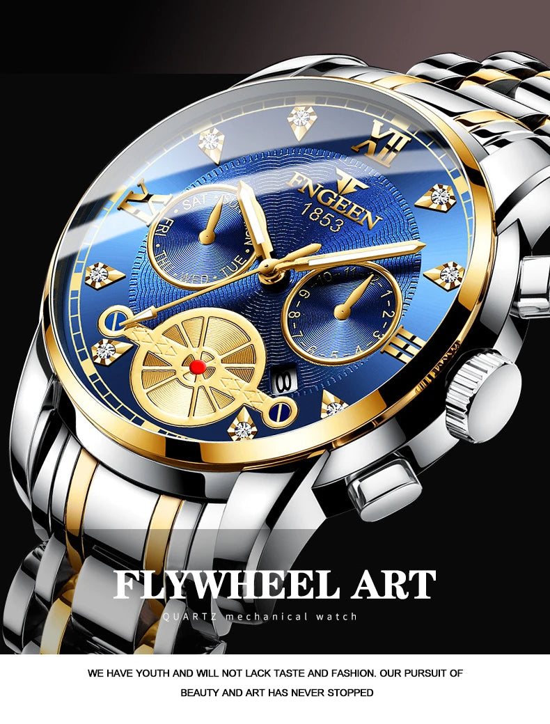 FNGEEN Men’s Luxury Quartz Watch – Waterproof Gold Steel Business
