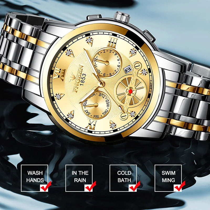 FNGEEN Men’s Luxury Quartz Watch – Waterproof Gold Steel Business