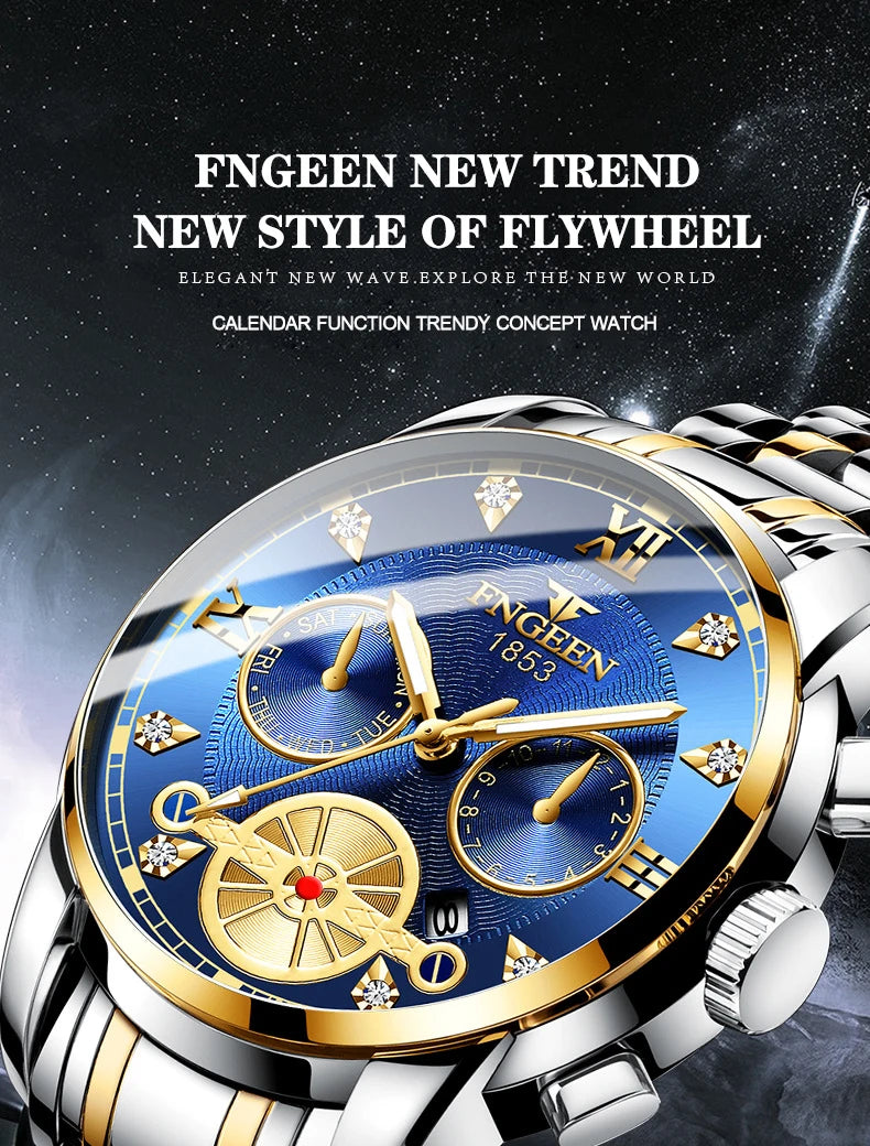 FNGEEN Men’s Luxury Quartz Watch – Waterproof Gold Steel Business
