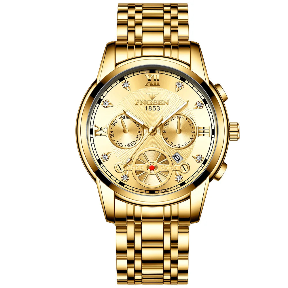 FNGEEN Men’s Luxury Quartz Watch – Waterproof Gold Steel Business