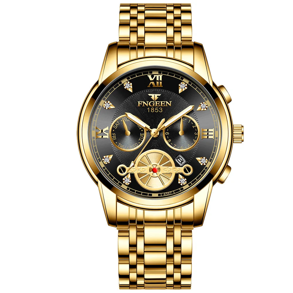 FNGEEN Men’s Luxury Quartz Watch – Waterproof Gold Steel Business