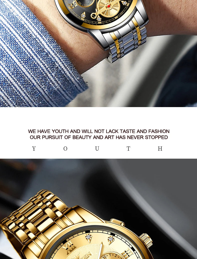 FNGEEN Men’s Luxury Quartz Watch – Waterproof Gold Steel Business