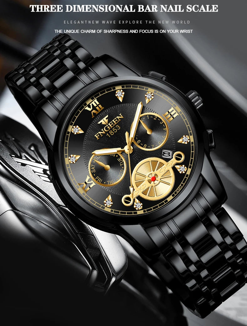 FNGEEN Men’s Luxury Quartz Watch – Waterproof Gold Steel Business