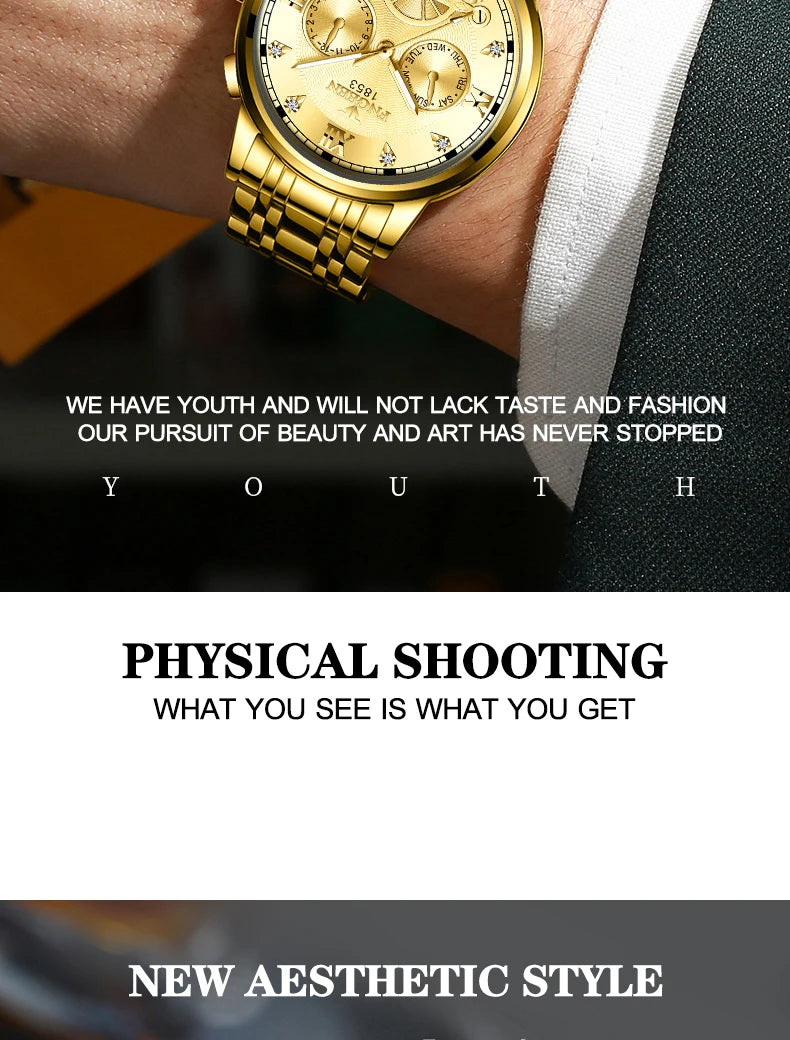 FNGEEN Men’s Luxury Quartz Watch – Waterproof Gold Steel Business