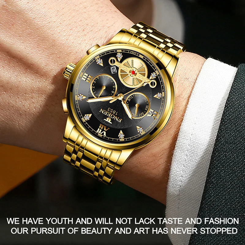 FNGEEN Men’s Luxury Quartz Watch – Waterproof Gold Steel Business