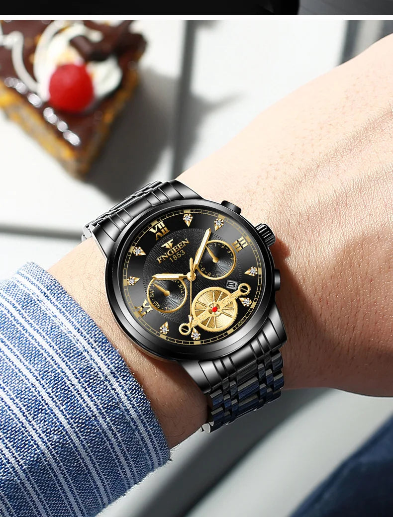FNGEEN Men’s Luxury Quartz Watch – Waterproof Gold Steel Business