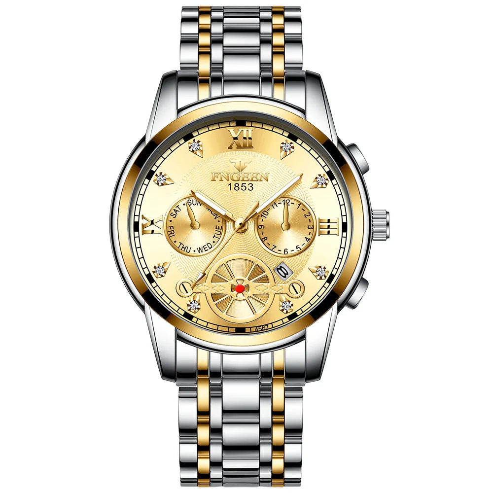 FNGEEN Men’s Luxury Quartz Watch – Waterproof Gold Steel Business