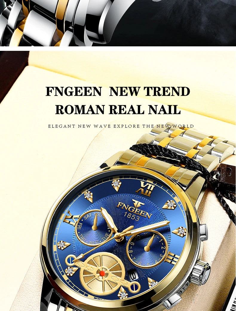 FNGEEN Men’s Luxury Quartz Watch – Waterproof Gold Steel Business