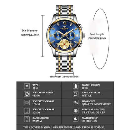 FNGEEN Men’s Luxury Quartz Watch – Waterproof Gold Steel Business