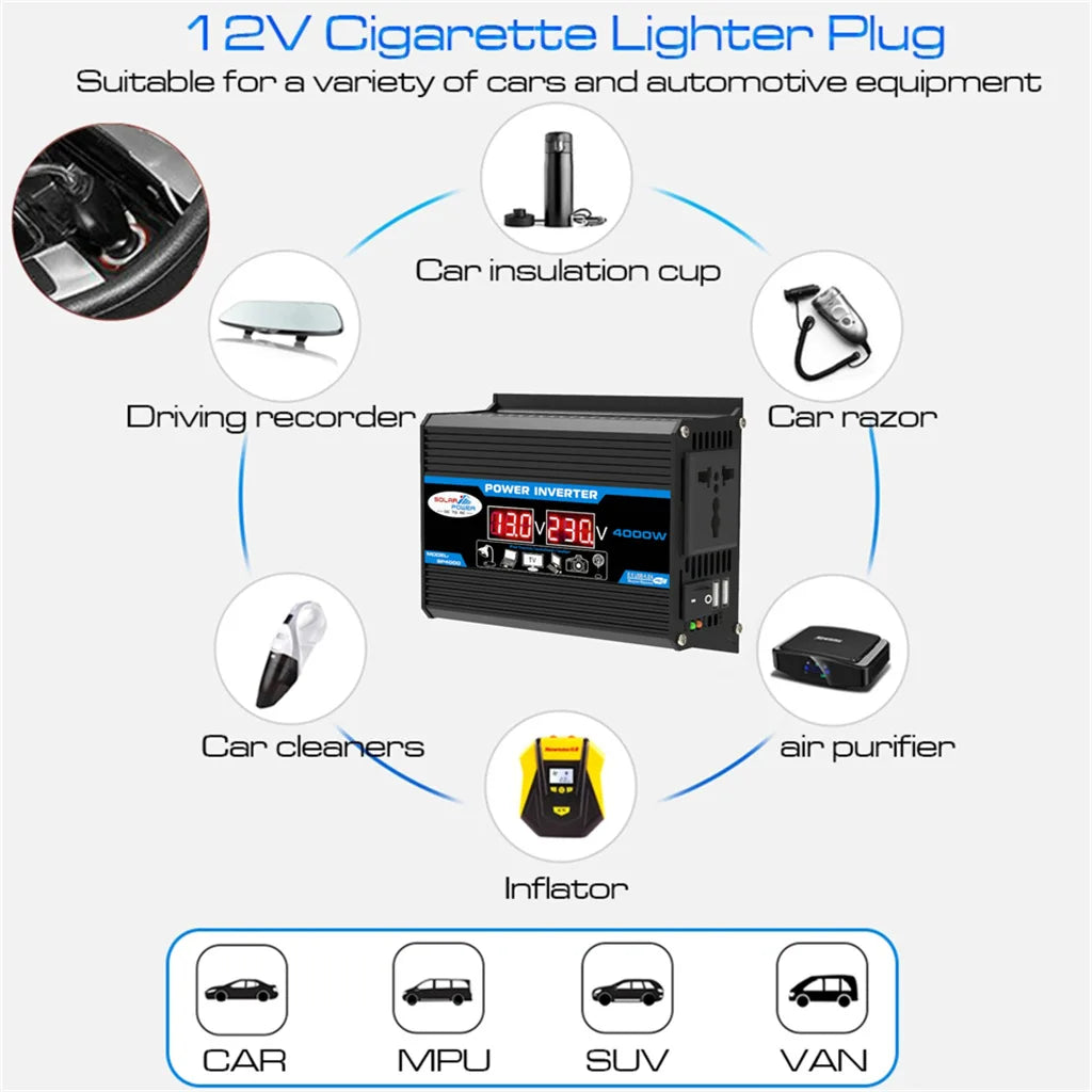 12V to 220V, Solar Charger, Dual USB, Multiple Protection