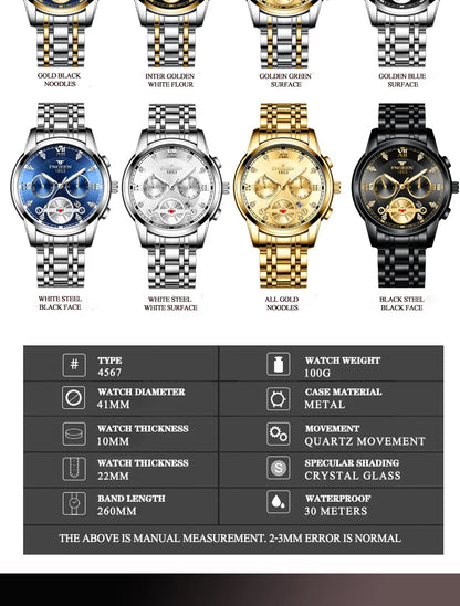 FNGEEN Men’s Luxury Quartz Watch – Waterproof Gold Steel Business
