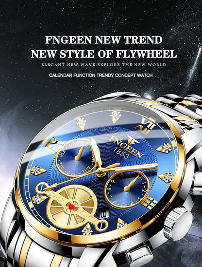 FNGEEN Men’s Luxury Quartz Watch – Waterproof Gold Steel Business