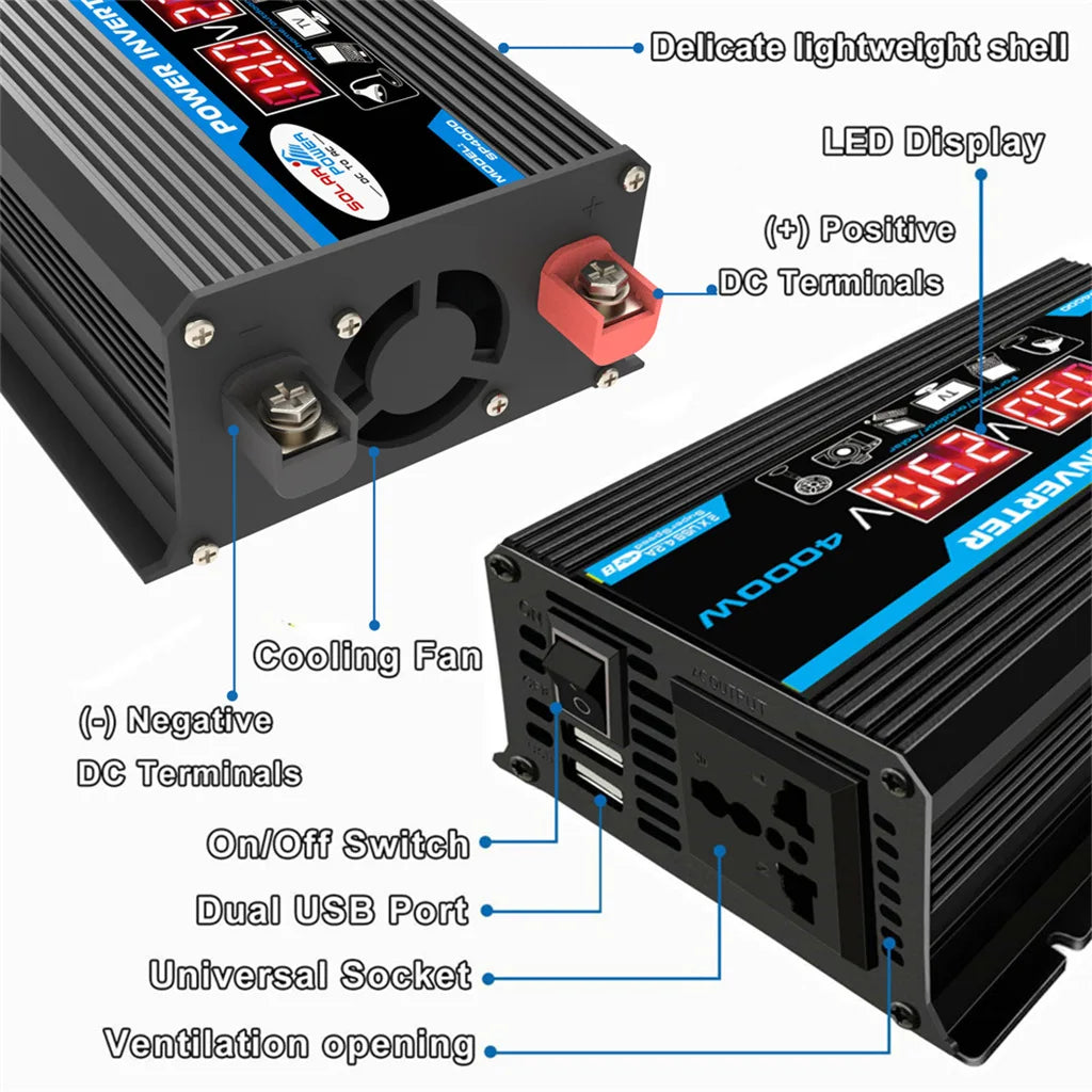 12V to 220V, Solar Charger, Dual USB, Multiple Protection