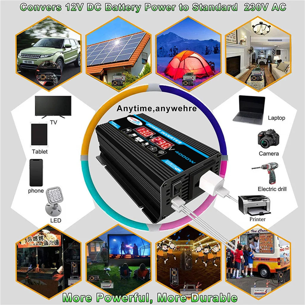 12V to 220V, Solar Charger, Dual USB, Multiple Protection