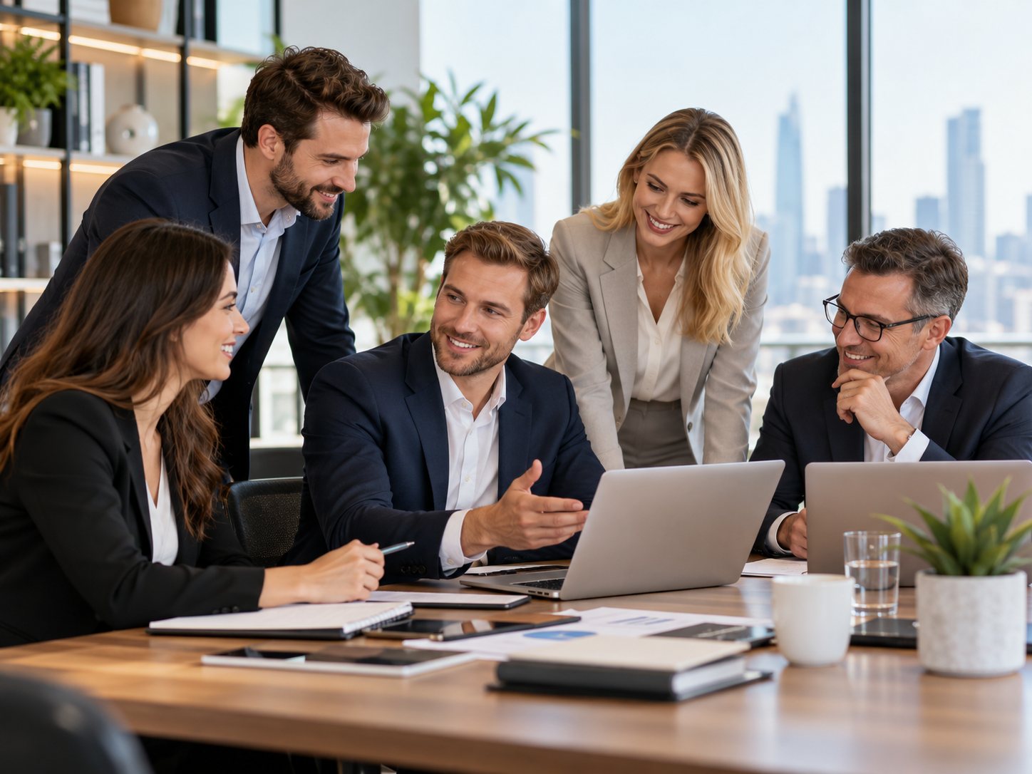 Illustrative image of business professionals collaborating around laptops; not NEXA employees