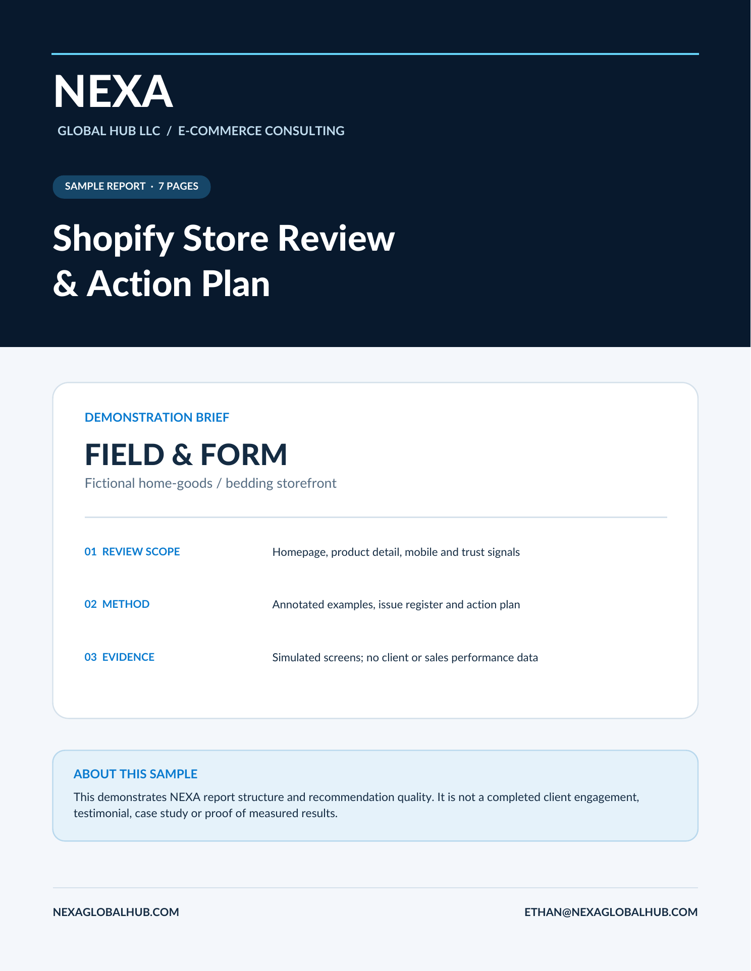 Cover of the seven-page NEXA Shopify store audit demonstration